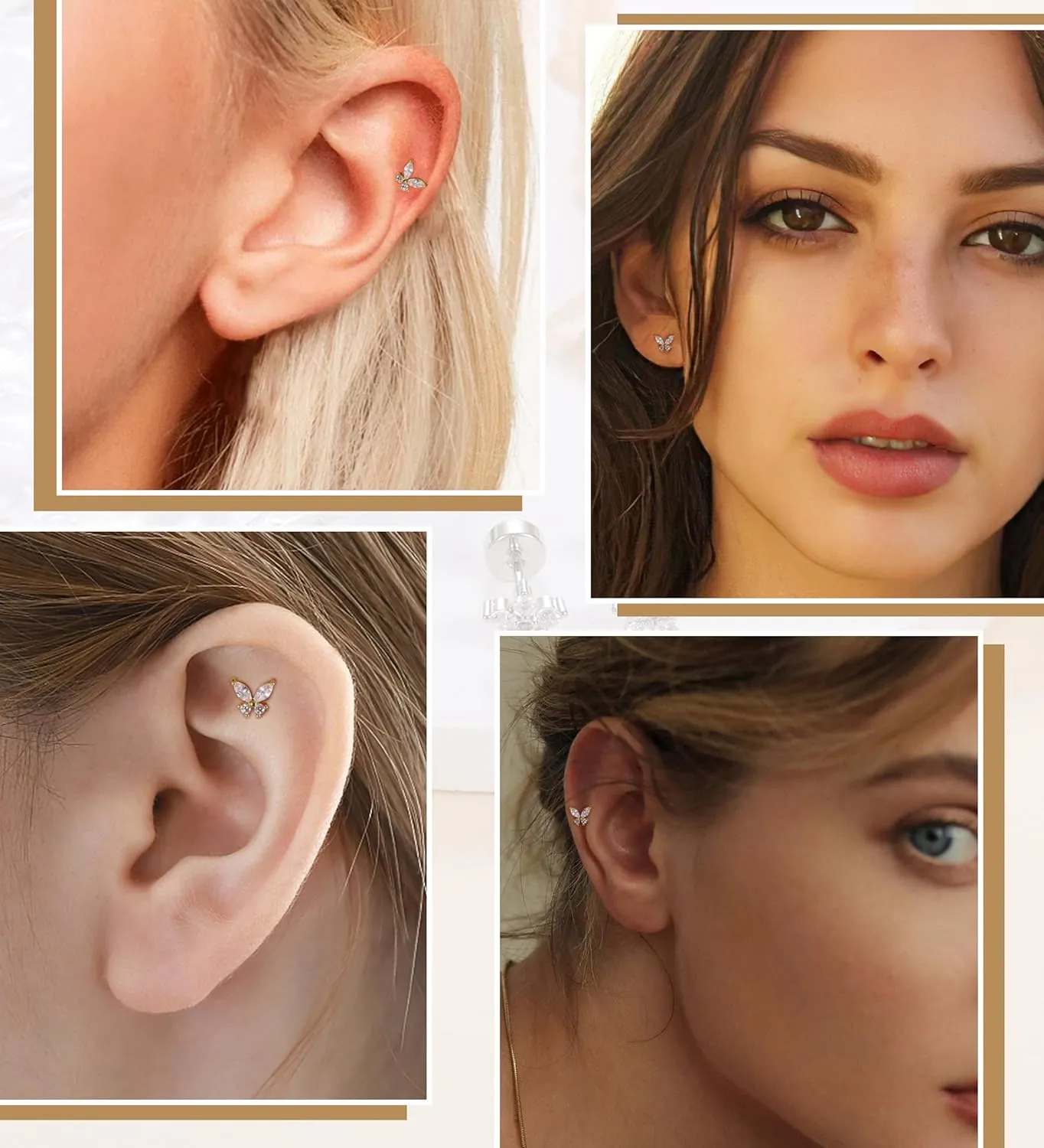 Flat Back Stud Earrings for Girls Women 14K Gold Plated Cartilage Stud Earrings 20G Hypoallergenic Surgical Steel Gold Butterfly Screw Back Nap Earrings Studs