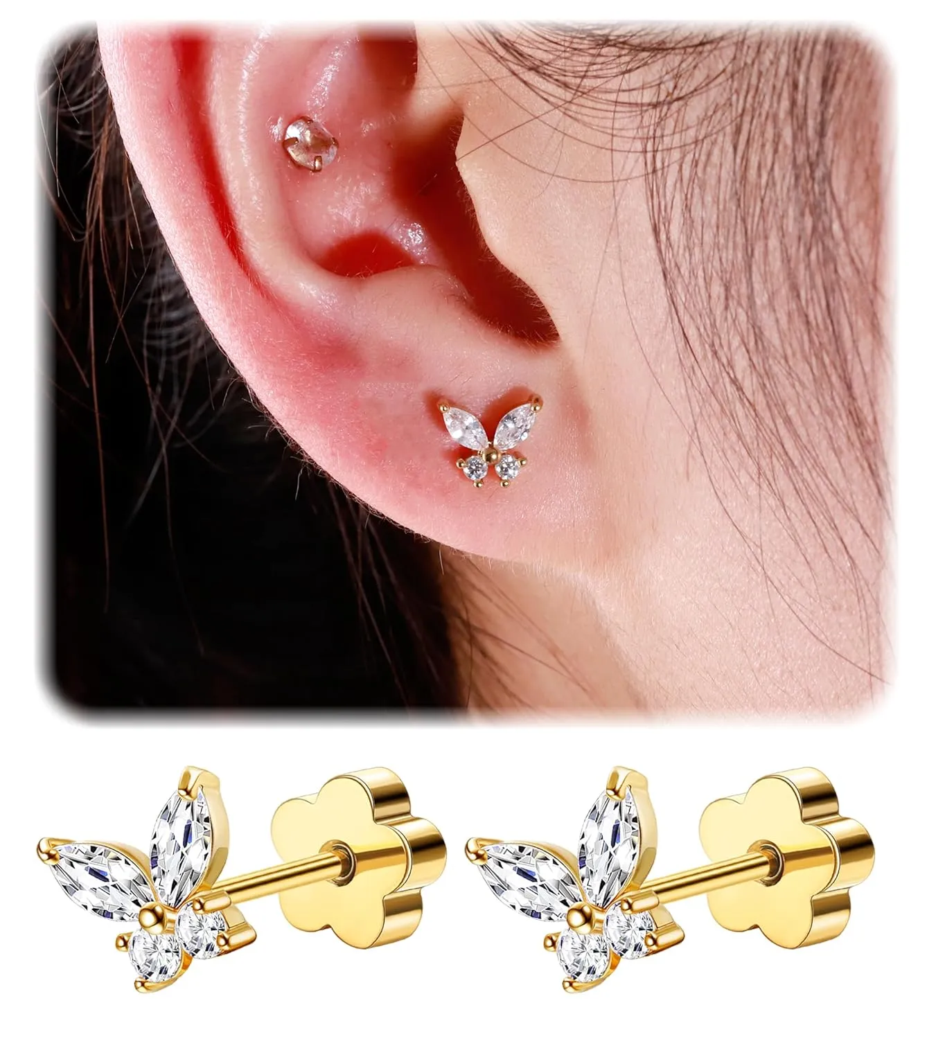 Flat Back Stud Earrings for Girls Women 14K Gold Plated Cartilage Stud Earrings 20G Hypoallergenic Surgical Steel Gold Butterfly Screw Back Nap Earrings Studs