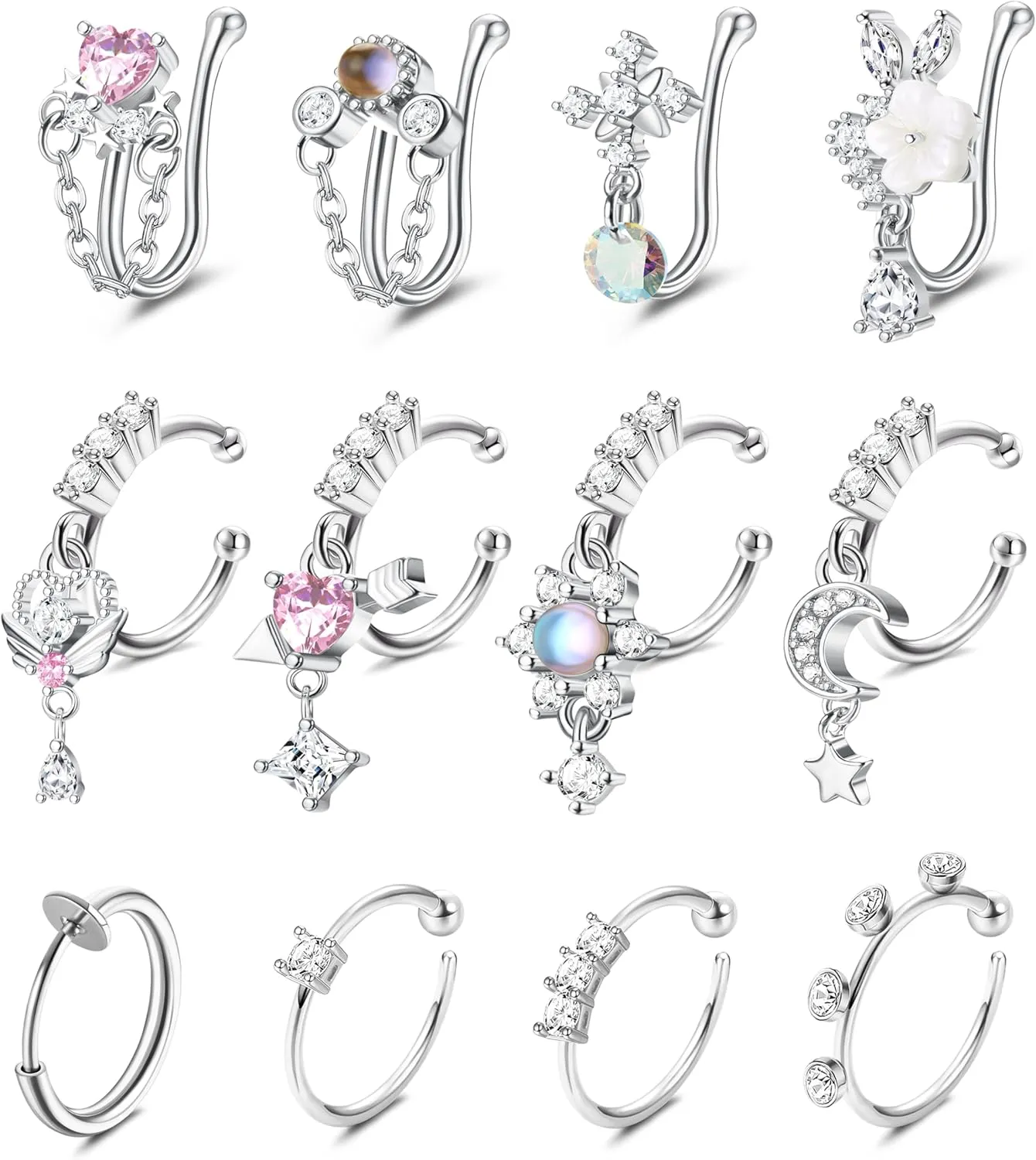 Florideco Nose Cuff Fake Nose Ring Hoop Clip on Nose Ring CZ Dangle Fake Nose Ring Cartilage Tragus Ring Nose Cuff Non Piercing for Women Men