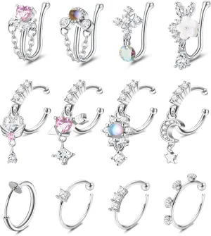 Florideco Nose Cuff Fake Nose Ring Hoop Clip on Nose Ring CZ Dangle Fake Nose Ring Cartilage Tragus Ring Nose Cuff Non Piercing for Women Men