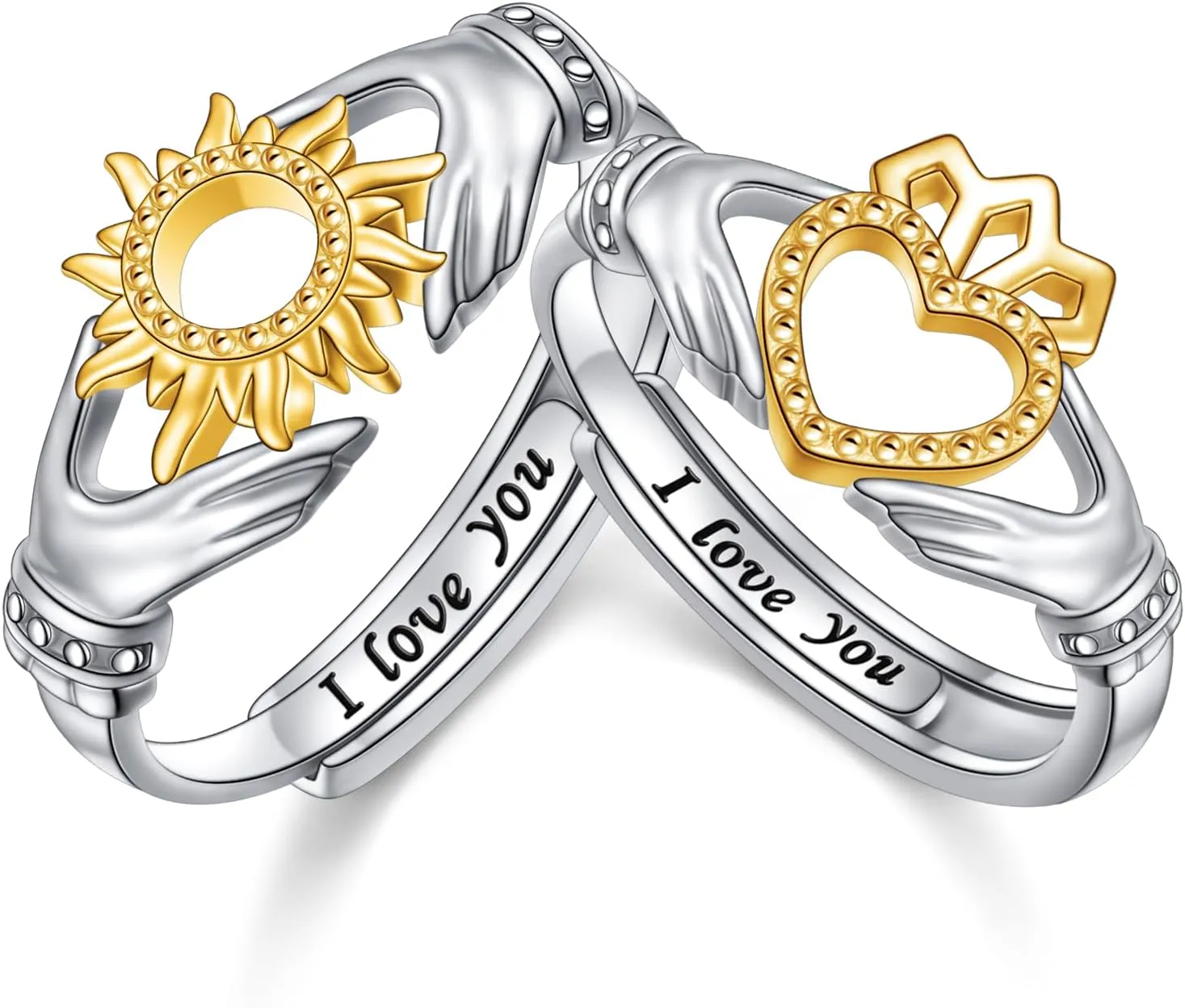 FLYOW S925 Sterling Silver Matching Rings for Couples Ring Set Adjustable Irish Claddagh Sun Promise Ring for Him And Her Valentine's Day Gifts