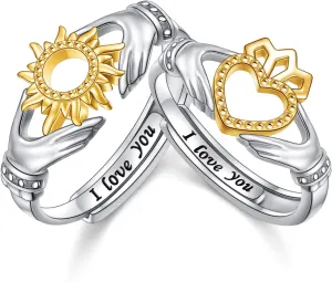 FLYOW S925 Sterling Silver Matching Rings for Couples Ring Set Adjustable Irish Claddagh Sun Promise Ring for Him And Her Valentine's Day Gifts