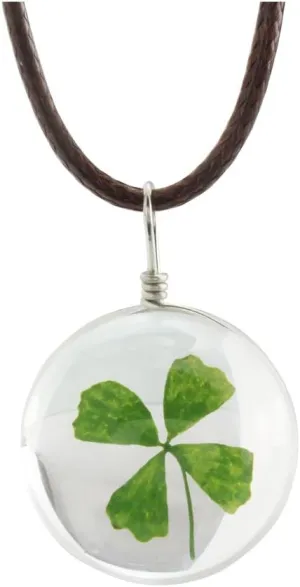 FM FM42 Dried Leaves Lucky 4-Leaf Clover in Glass Ball Pendant Necklace FN4010