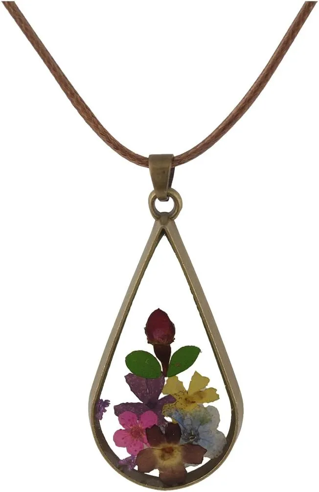 FM FM42 Multicolor Pressed Flower Teardrop Pendant Necklace