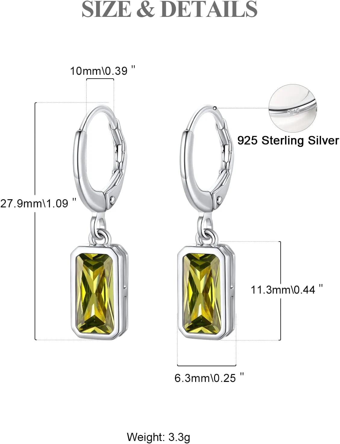 FOCALOOK Birthstone Drop Earrings for Women, 925 Sterling Silver Square Cubic Zirconia 10mm Small Huggie Hoop Earrings