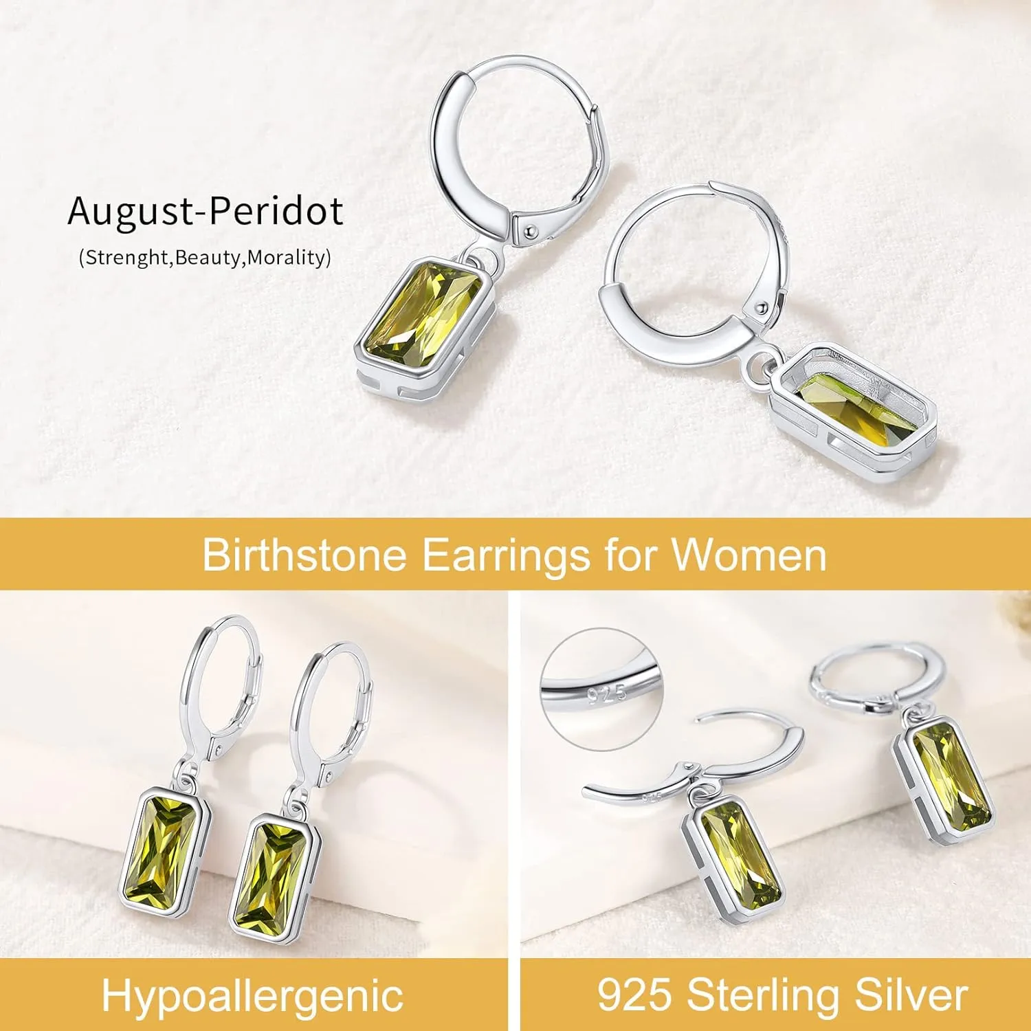FOCALOOK Birthstone Drop Earrings for Women, 925 Sterling Silver Square Cubic Zirconia 10mm Small Huggie Hoop Earrings