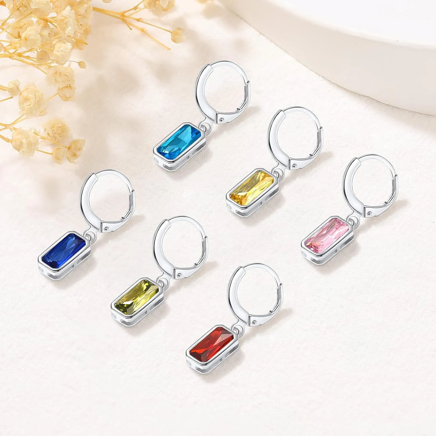 FOCALOOK Birthstone Drop Earrings for Women, 925 Sterling Silver Square Cubic Zirconia 10mm Small Huggie Hoop Earrings