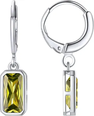 FOCALOOK Birthstone Drop Earrings for Women, 925 Sterling Silver Square Cubic Zirconia 10mm Small Huggie Hoop Earrings