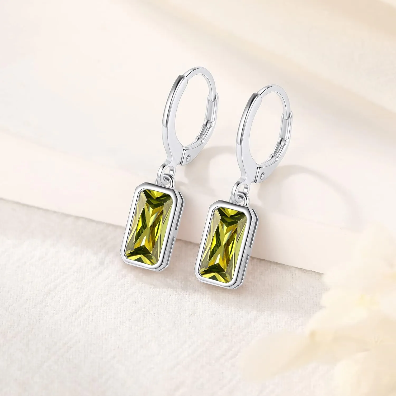 FOCALOOK Birthstone Drop Earrings for Women, 925 Sterling Silver Square Cubic Zirconia 10mm Small Huggie Hoop Earrings