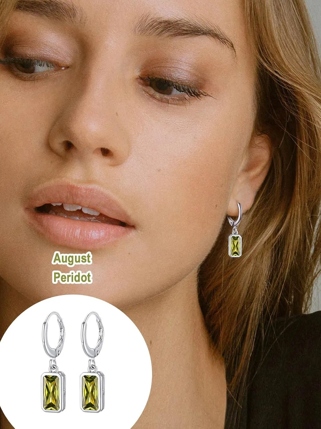 FOCALOOK Birthstone Drop Earrings for Women, 925 Sterling Silver Square Cubic Zirconia 10mm Small Huggie Hoop Earrings