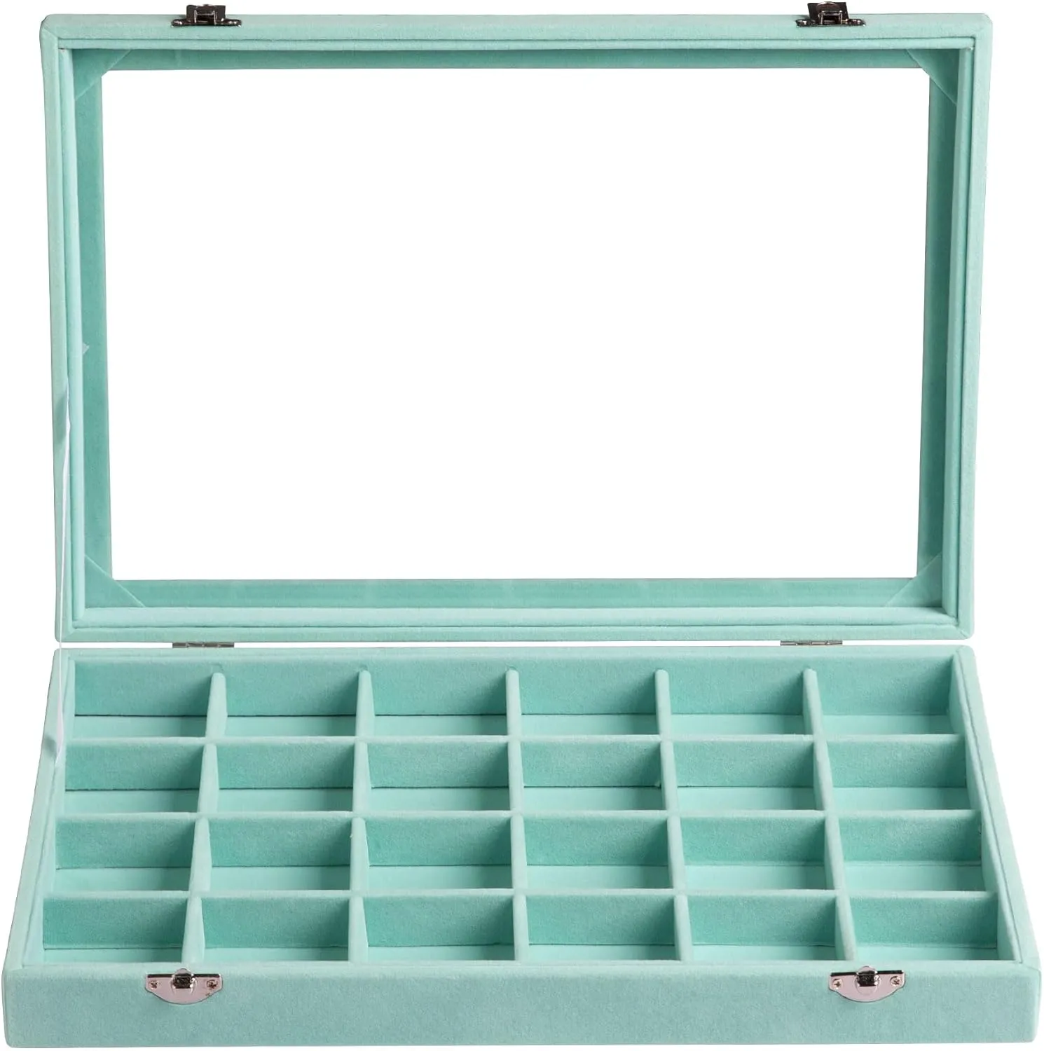 Frebeauty Velvet Jewelry Tray,24 Grid Jewelry Organizer with Clear Lid,Earring Holder Organizer with Clasp,Drawer Insert Rings Pendants Brooches,13.8 x 9.5 x 2 Inches,Gift for Women Girls(Turquoise)