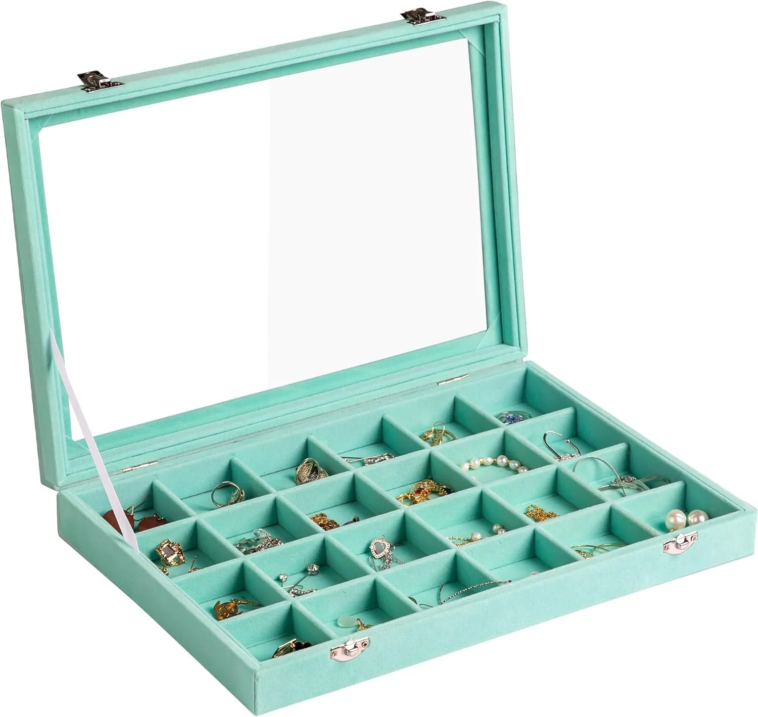 Frebeauty Velvet Jewelry Tray,24 Grid Jewelry Organizer with Clear Lid,Earring Holder Organizer with Clasp,Drawer Insert Rings Pendants Brooches,13.8 x 9.5 x 2 Inches,Gift for Women Girls(Turquoise)
