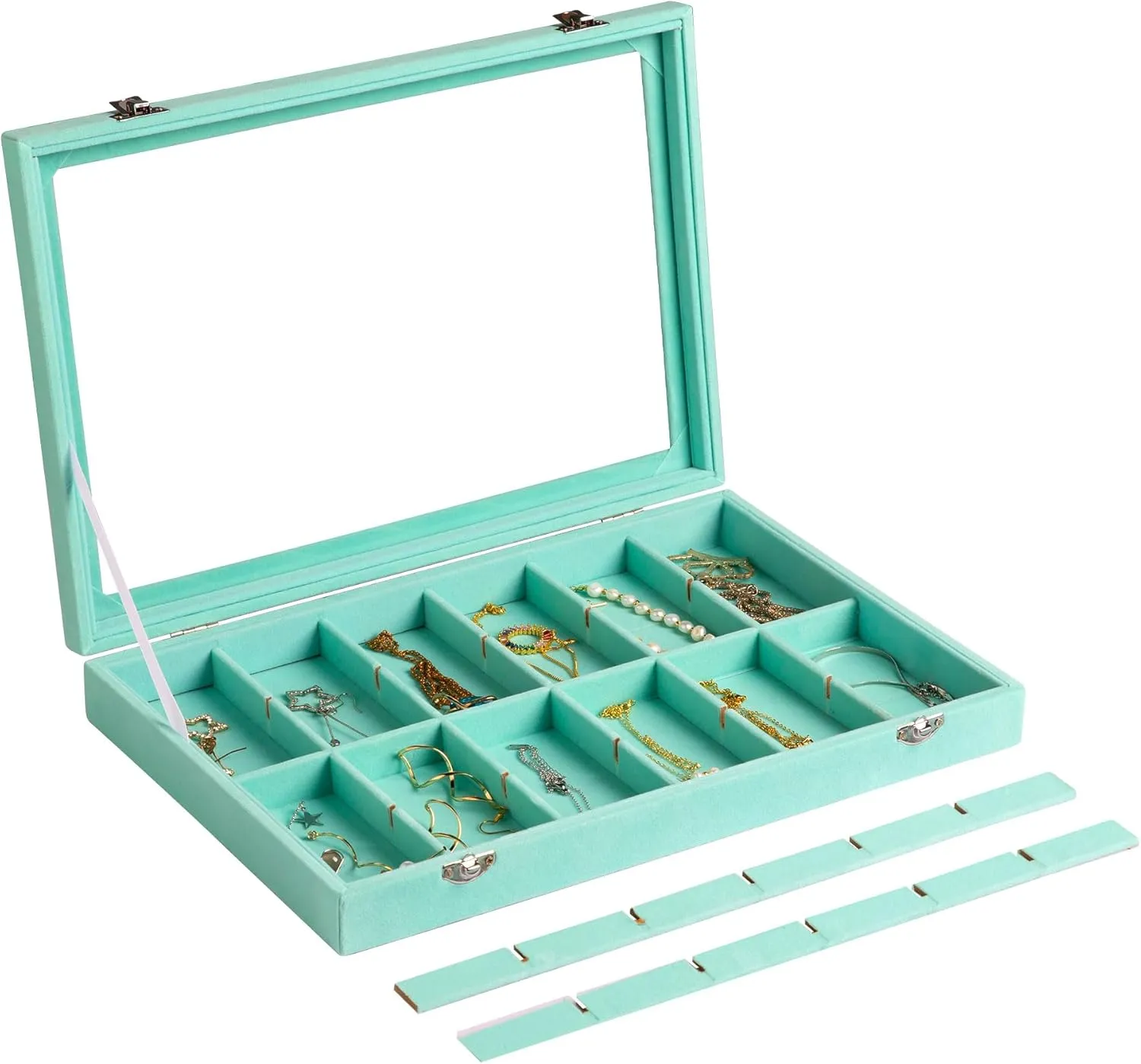 Frebeauty Velvet Jewelry Tray,24 Grid Jewelry Organizer with Clear Lid,Earring Holder Organizer with Clasp,Drawer Insert Rings Pendants Brooches,13.8 x 9.5 x 2 Inches,Gift for Women Girls(Turquoise)
