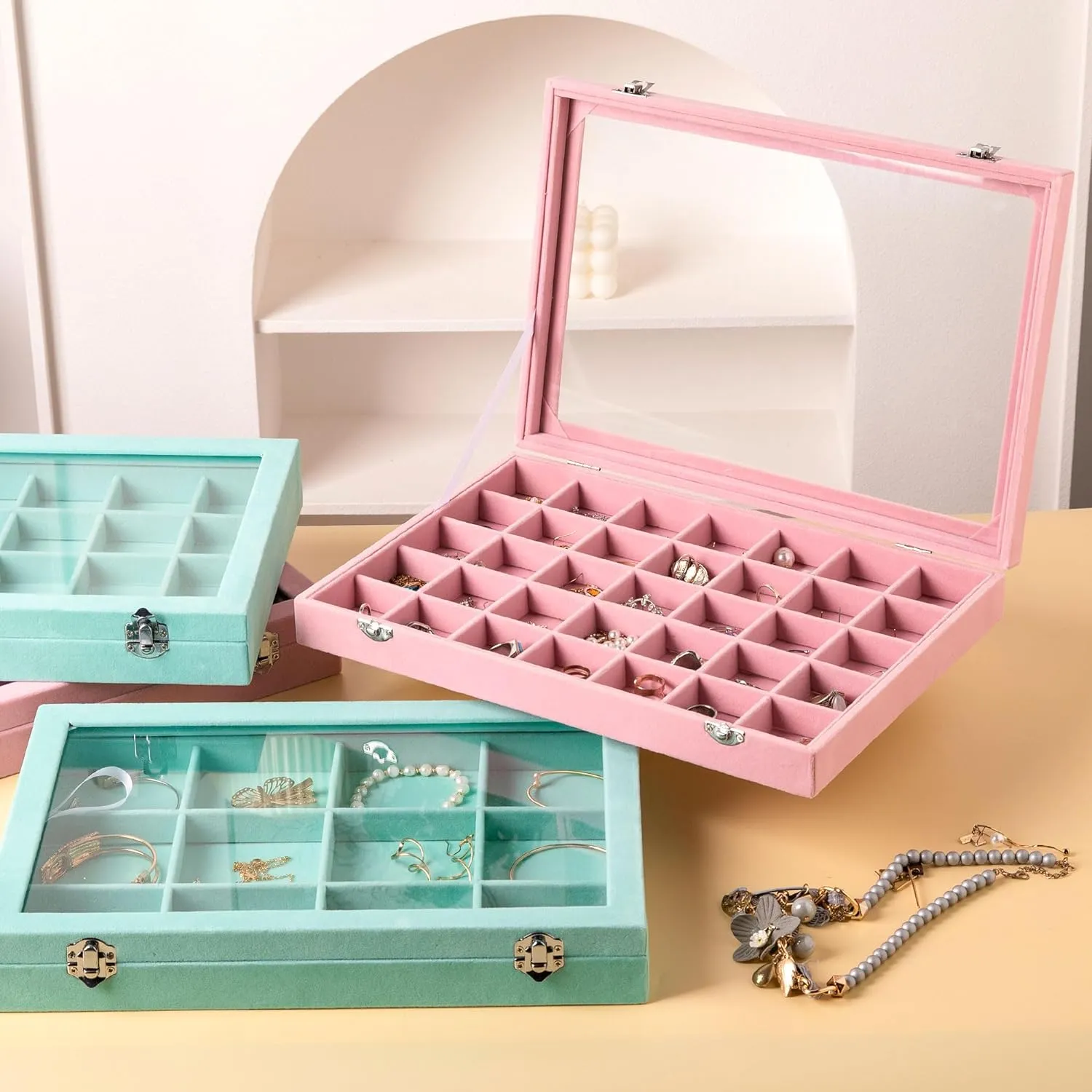 Frebeauty Velvet Jewelry Tray,24 Grid Jewelry Organizer with Clear Lid,Earring Holder Organizer with Clasp,Drawer Insert Rings Pendants Brooches,13.8 x 9.5 x 2 Inches,Gift for Women Girls(Turquoise)