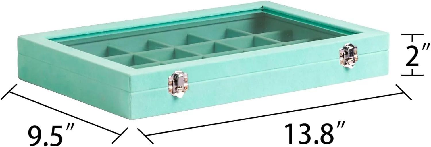 Frebeauty Velvet Jewelry Tray,24 Grid Jewelry Organizer with Clear Lid,Earring Holder Organizer with Clasp,Drawer Insert Rings Pendants Brooches,13.8 x 9.5 x 2 Inches,Gift for Women Girls(Turquoise)