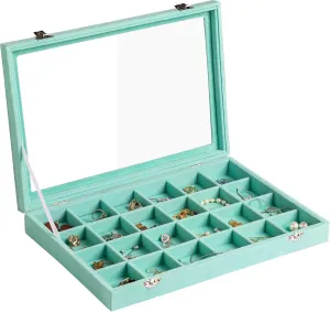 Frebeauty Velvet Jewelry Tray,24 Grid Jewelry Organizer with Clear Lid,Earring Holder Organizer with Clasp,Drawer Insert Rings Pendants Brooches,13.8 x 9.5 x 2 Inches,Gift for Women Girls(Turquoise)