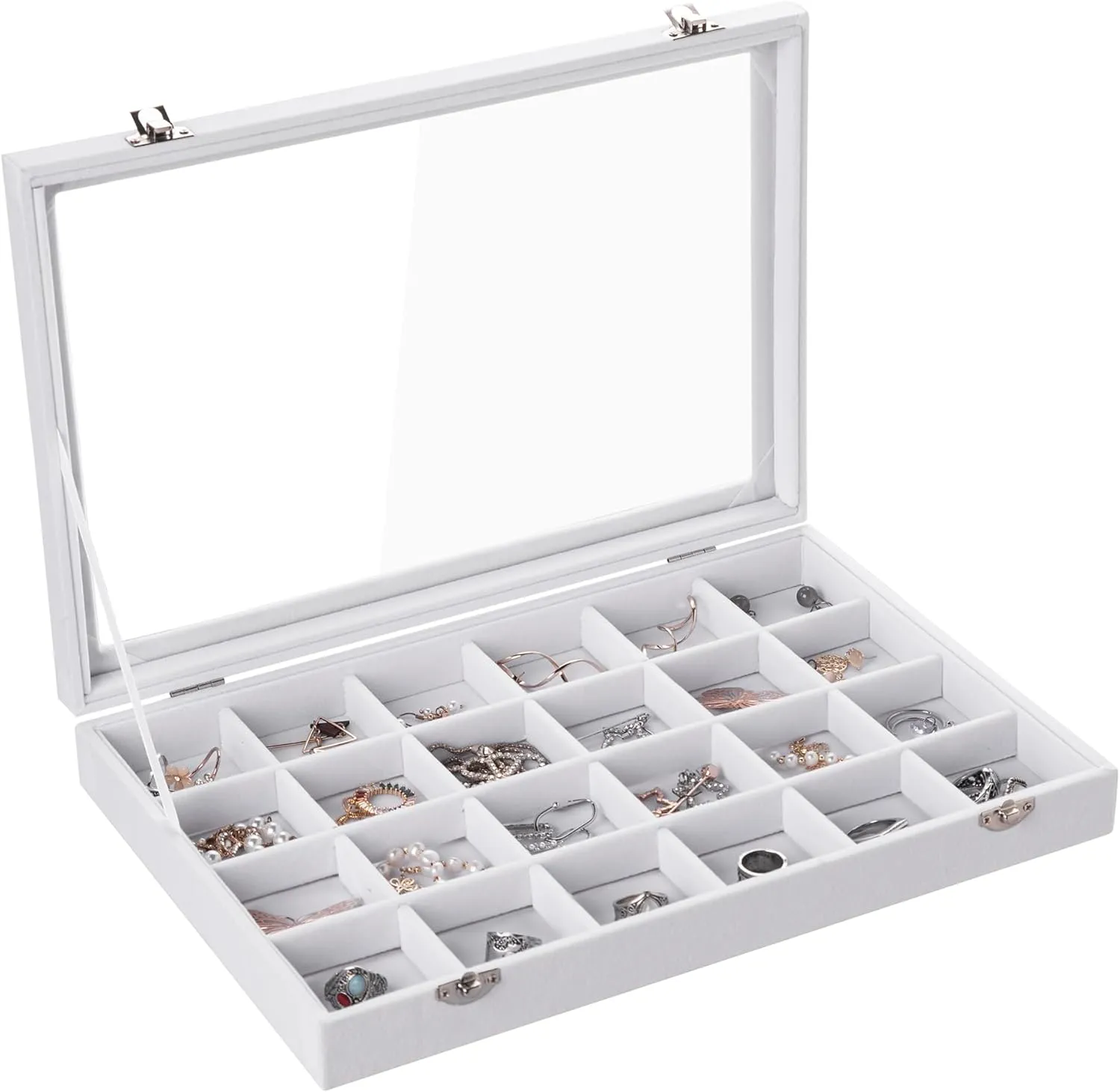 Frebeauty Velvet Jewelry Tray,24 Grid Jewelry Organizer with Clear Lid,Earring Holder Organizer with Clasp,Drawer Insert Rings Pendants Brooches,13.8 x 9.5 x 2 Inches,Gift for Women Girls(White)