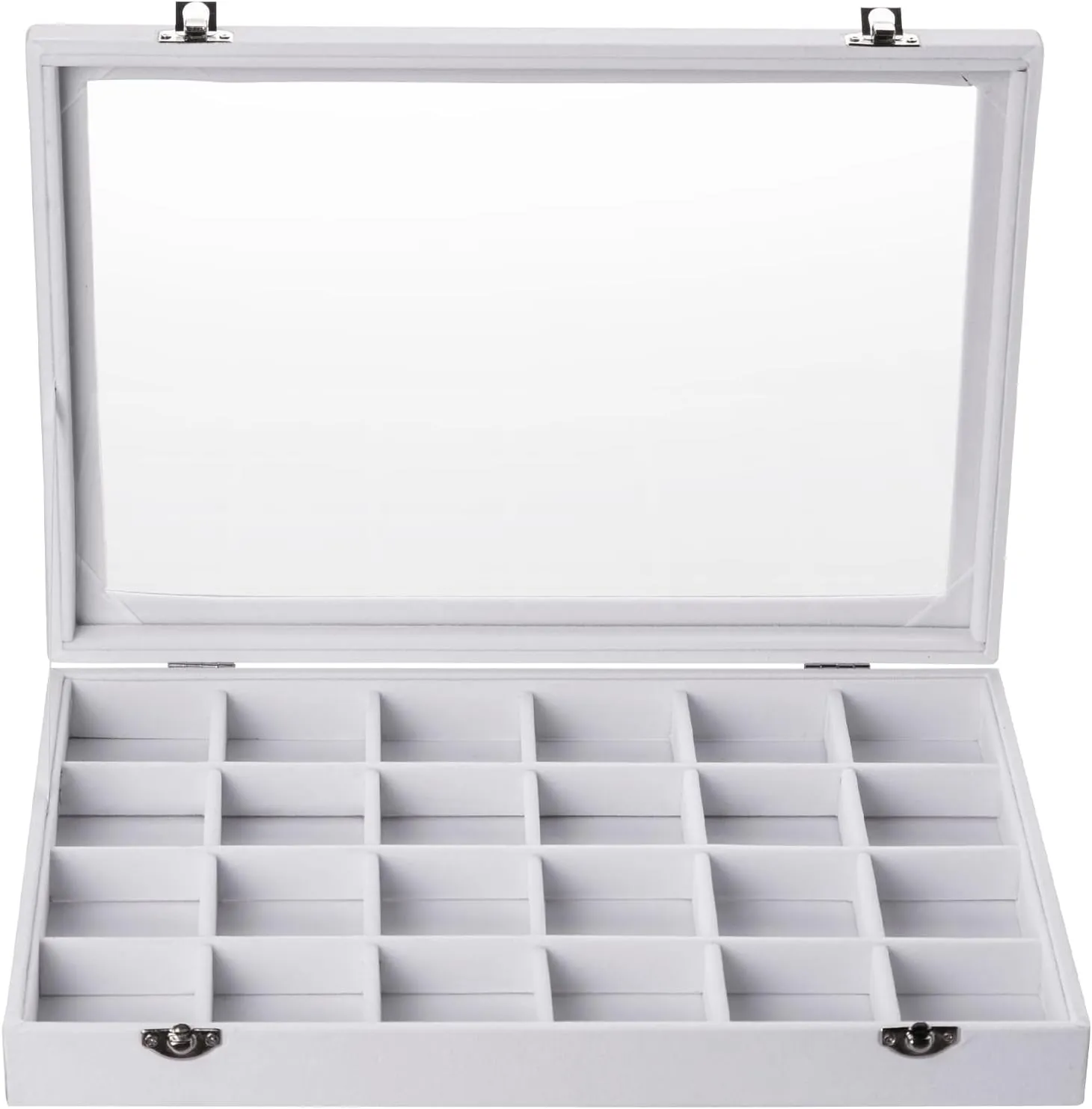 Frebeauty Velvet Jewelry Tray,24 Grid Jewelry Organizer with Clear Lid,Earring Holder Organizer with Clasp,Drawer Insert Rings Pendants Brooches,13.8 x 9.5 x 2 Inches,Gift for Women Girls(White)