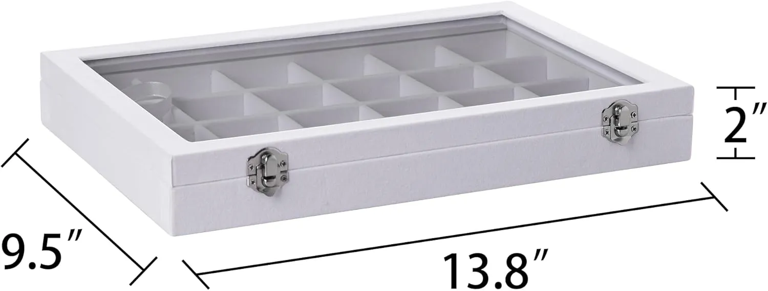 Frebeauty Velvet Jewelry Tray,24 Grid Jewelry Organizer with Clear Lid,Earring Holder Organizer with Clasp,Drawer Insert Rings Pendants Brooches,13.8 x 9.5 x 2 Inches,Gift for Women Girls(White)