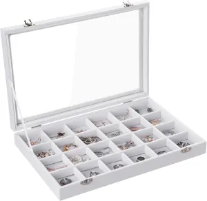 Frebeauty Velvet Jewelry Tray,24 Grid Jewelry Organizer with Clear Lid,Earring Holder Organizer with Clasp,Drawer Insert Rings Pendants Brooches,13.8 x 9.5 x 2 Inches,Gift for Women Girls(White)