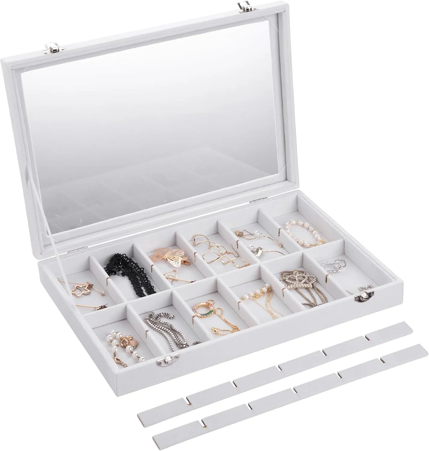 Frebeauty Velvet Jewelry Tray,24 Grid Jewelry Organizer with Clear Lid,Earring Holder Organizer with Clasp,Drawer Insert Rings Pendants Brooches,13.8 x 9.5 x 2 Inches,Gift for Women Girls(White)