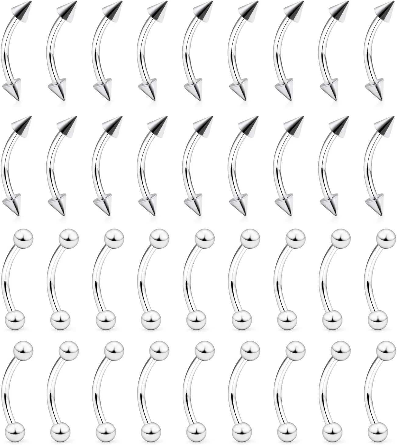 Ftovosyo 36Pcs 20G Stainless Steel Eyebrow Ring Bar Length 6-12mm Curved Barbells Nipple Rings Helix Cartilage Tragus Earring Body Piercing Jewelry for Women Men