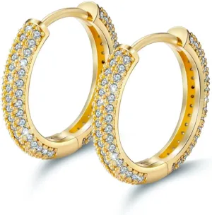 Fully Iced Cz 14K Yellow Gold Plated 925 Sterling Silver Small Thin Fashion Huggie Hoop Earrings For Men And Women Hoop Earring Lightweight Hypoallergenic 11mm