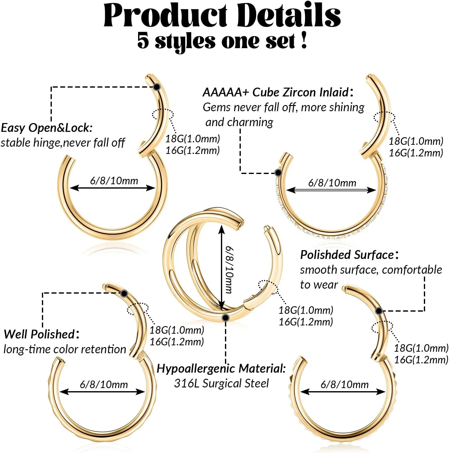 FUNLMO 3Pcs Nose Rings Double Hoop Nose Ring Conch Daith Tragus Helix Rook Piercing Jewelry Surgical Steel Cartilage Earring Conch Hoop Earring Septum Jewelry Lip Ring