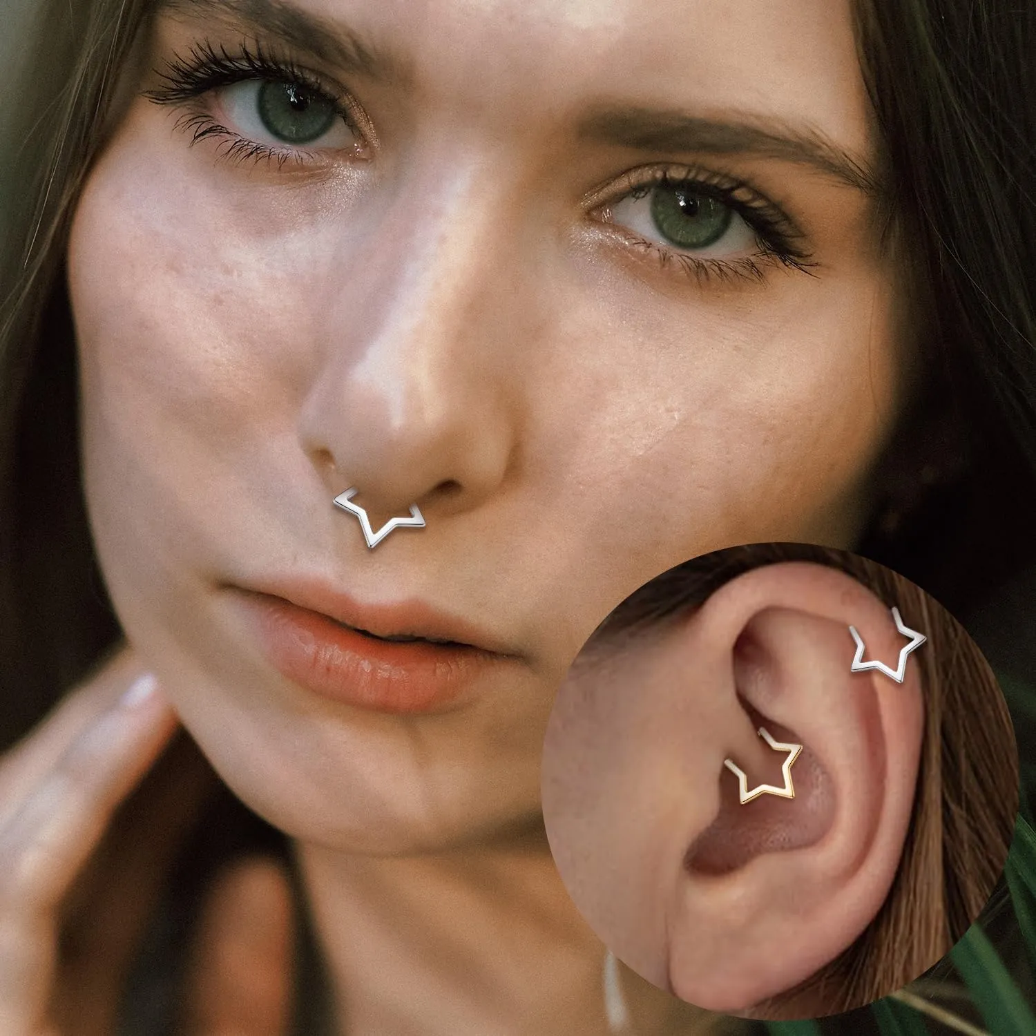 FUNLMO Star Septum Jewelry Daith Piercing Jewelry Nose Ring Huggie Earring Cartilage Earring Tragus Helix Rook Conch Piercing Jewelry 316L Surgical Steel