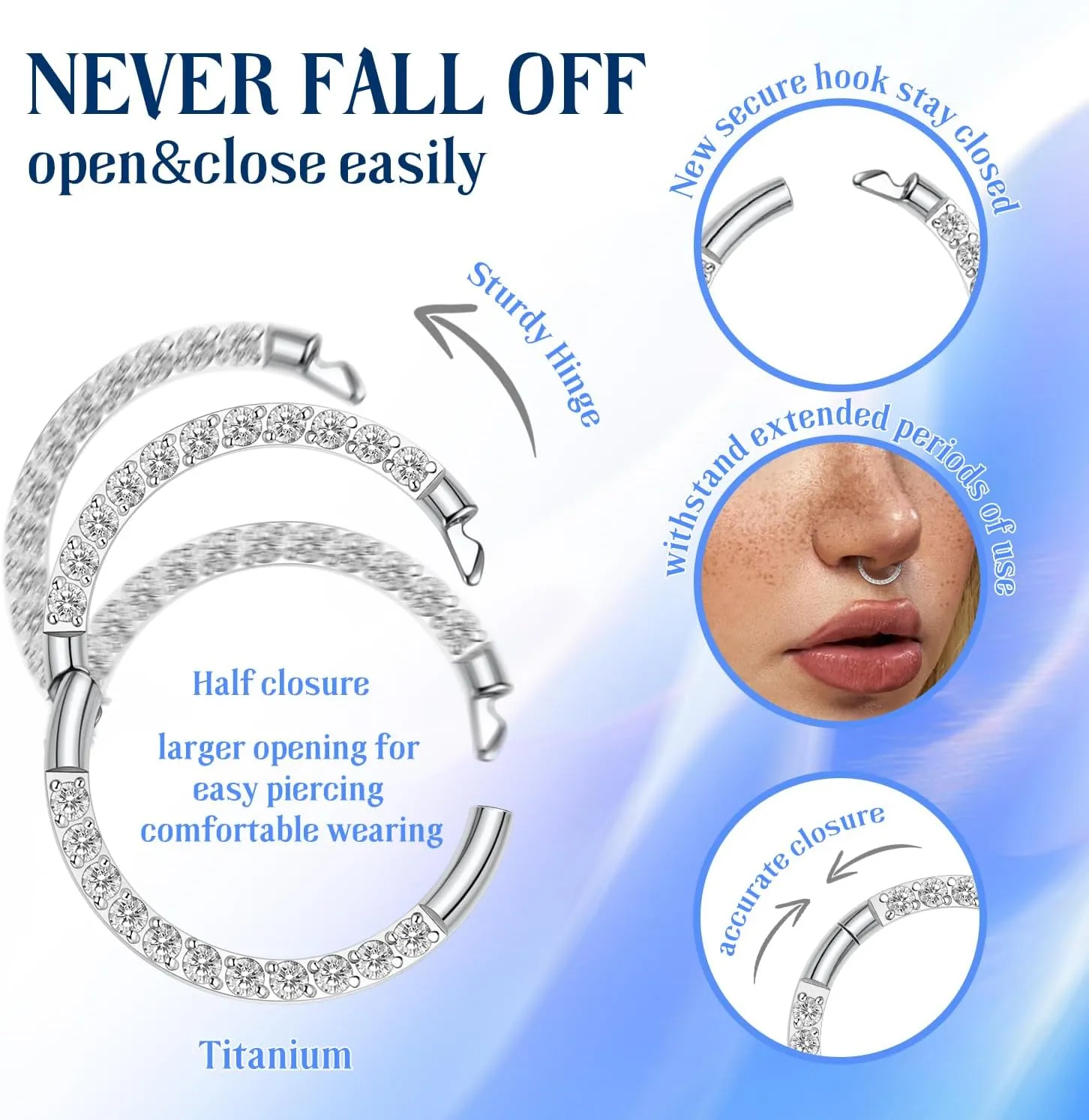 FUNLMO Titanium Nose Ring Hoop Septum Daith Helix Tragus Rook Cartilage Piercing Jewelry Half Closure Secure Hook Hinge Segment Ring 16G 6mm to 10mm