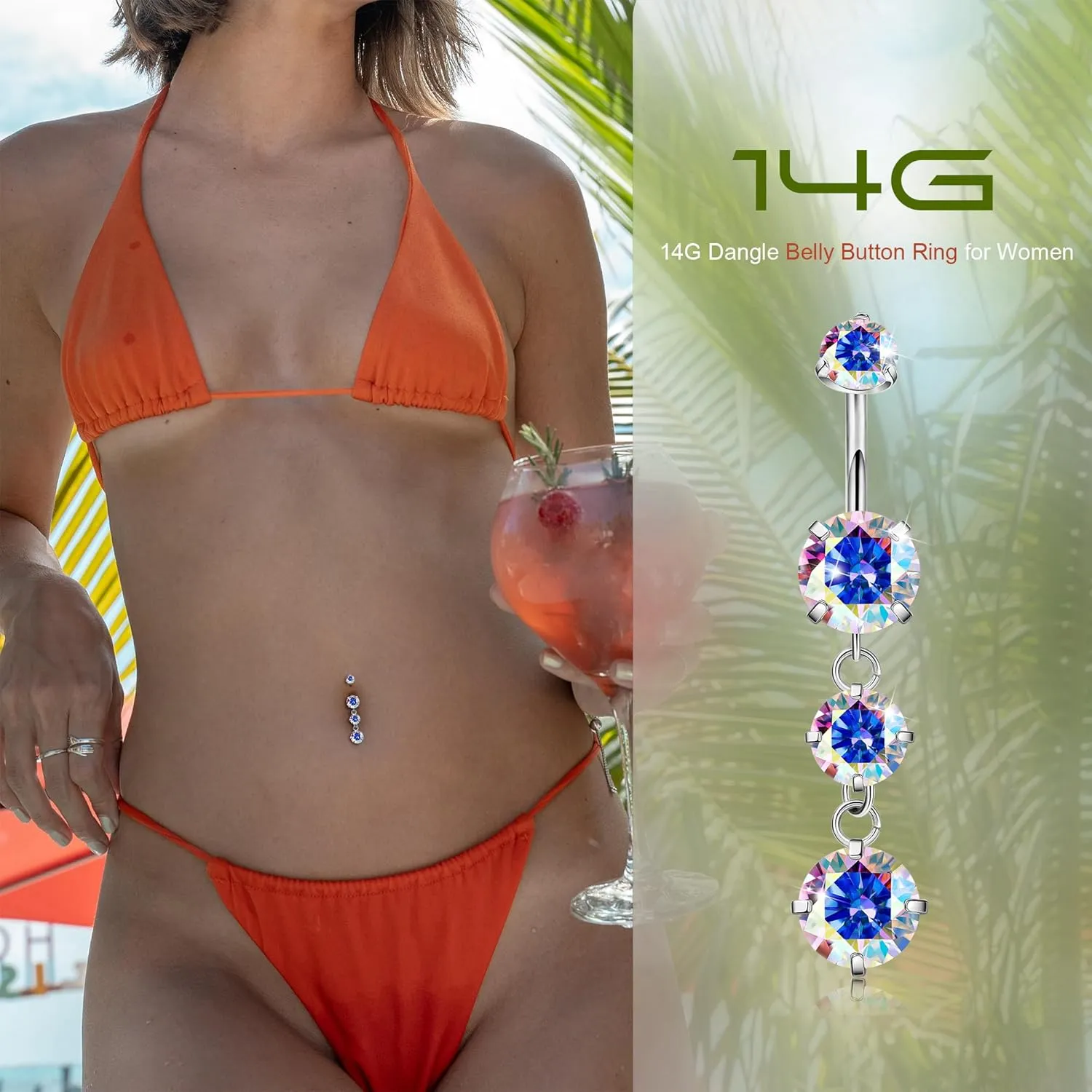 G23 Titanium Dangle Belly Button Rings for Women Dangling Navel Rings CZ Belly Rings Curved Barbell Internally Threaded Belly Piercing Jewelry