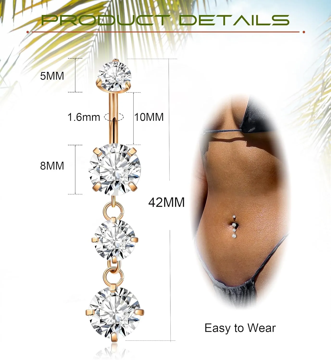 G23 Titanium Dangle Belly Button Rings for Women Dangling Navel Rings CZ Belly Rings Curved Barbell Internally Threaded Belly Piercing Jewelry