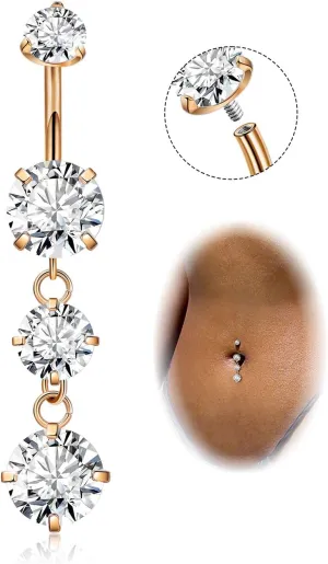 G23 Titanium Dangle Belly Button Rings for Women Dangling Navel Rings CZ Belly Rings Curved Barbell Internally Threaded Belly Piercing Jewelry