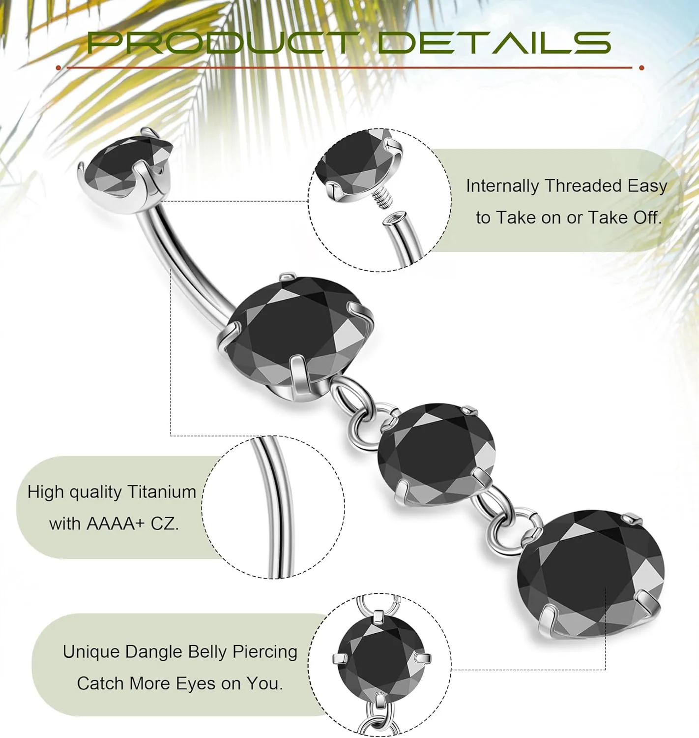 G23 Titanium Dangle Belly Button Rings for Women Dangling Navel Rings CZ Belly Rings Curved Barbell Internally Threaded Belly Piercing Jewelry