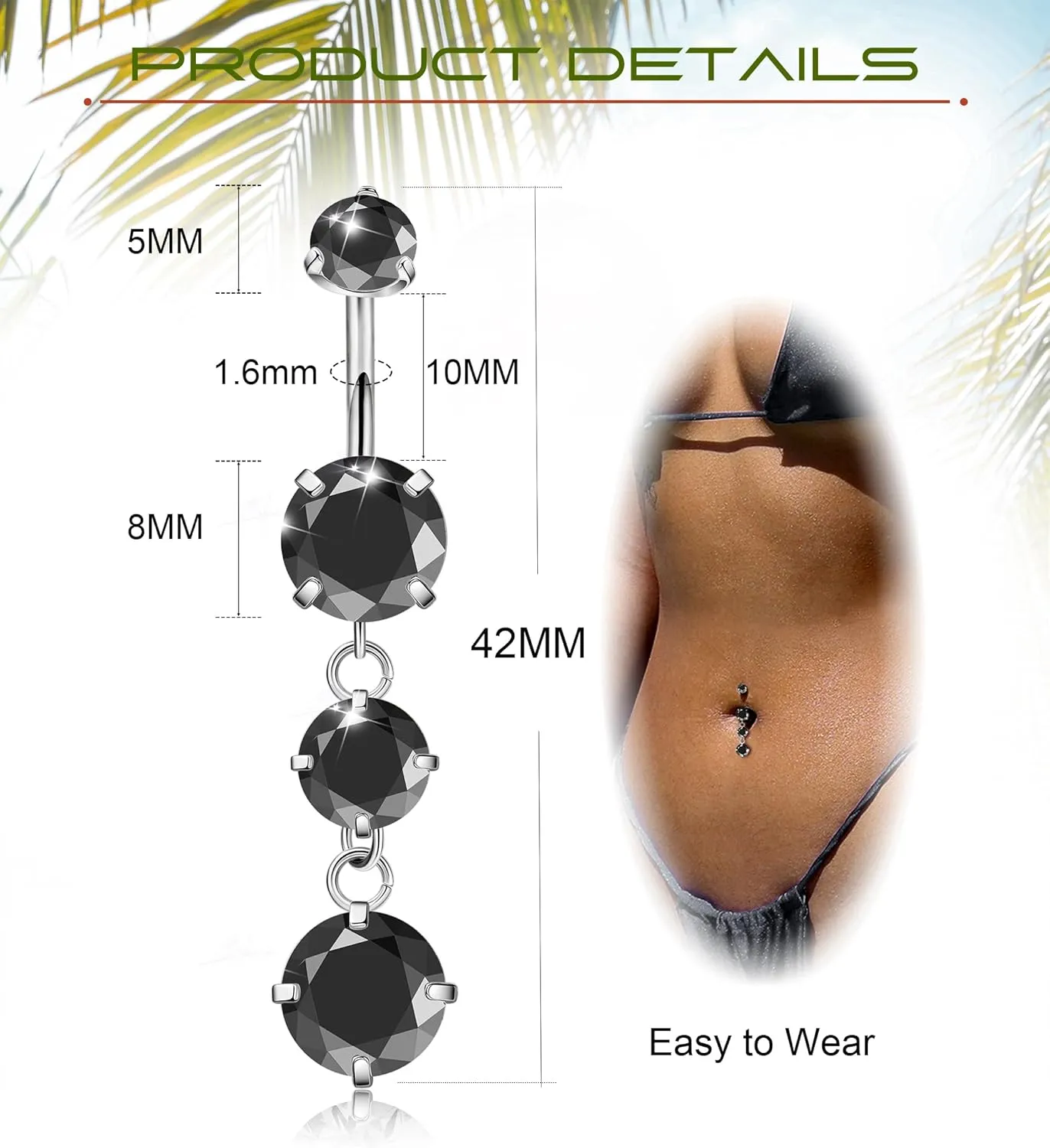 G23 Titanium Dangle Belly Button Rings for Women Dangling Navel Rings CZ Belly Rings Curved Barbell Internally Threaded Belly Piercing Jewelry