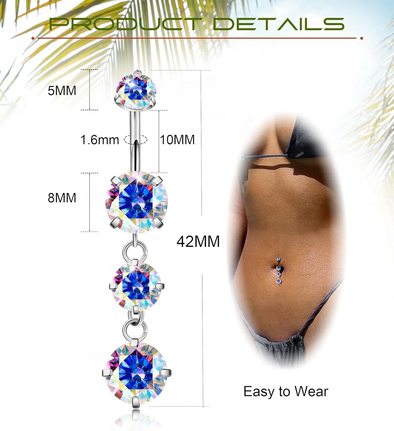 G23 Titanium Dangle Belly Button Rings for Women Dangling Navel Rings CZ Belly Rings Curved Barbell Internally Threaded Belly Piercing Jewelry
