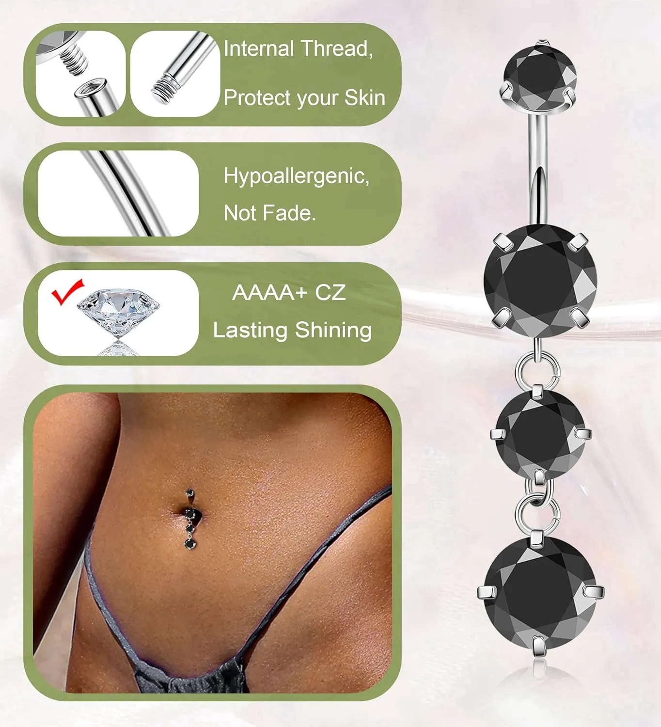G23 Titanium Dangle Belly Button Rings for Women Dangling Navel Rings CZ Belly Rings Curved Barbell Internally Threaded Belly Piercing Jewelry