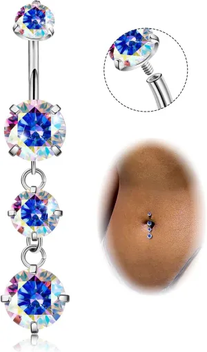G23 Titanium Dangle Belly Button Rings for Women Dangling Navel Rings CZ Belly Rings Curved Barbell Internally Threaded Belly Piercing Jewelry