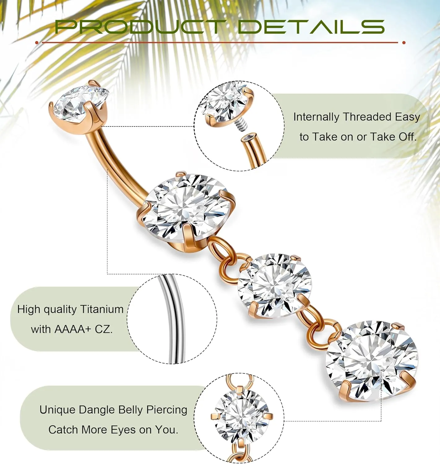 G23 Titanium Dangle Belly Button Rings for Women Dangling Navel Rings CZ Belly Rings Curved Barbell Internally Threaded Belly Piercing Jewelry