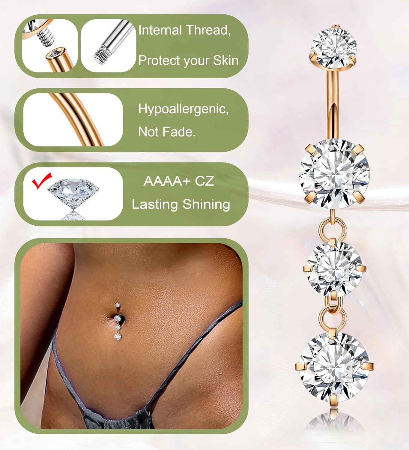 G23 Titanium Dangle Belly Button Rings for Women Dangling Navel Rings CZ Belly Rings Curved Barbell Internally Threaded Belly Piercing Jewelry
