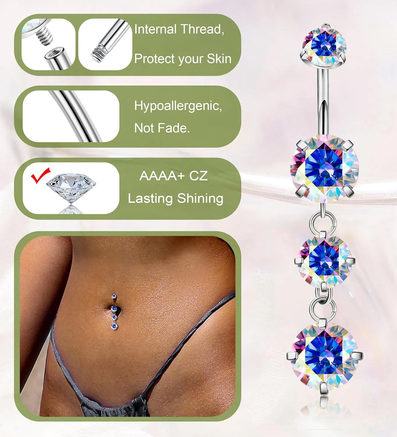 G23 Titanium Dangle Belly Button Rings for Women Dangling Navel Rings CZ Belly Rings Curved Barbell Internally Threaded Belly Piercing Jewelry