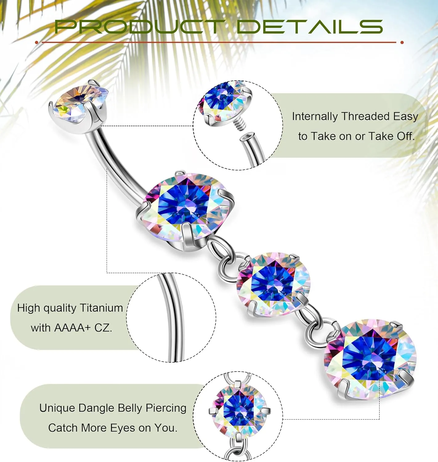 G23 Titanium Dangle Belly Button Rings for Women Dangling Navel Rings CZ Belly Rings Curved Barbell Internally Threaded Belly Piercing Jewelry