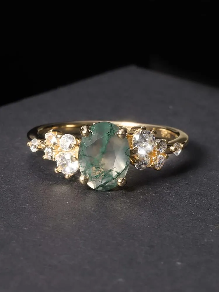 Gem's Beauty Green Moss Agate Rings 14K Gold/14K Rose Gold Three Stone Engagement Ring in 925 Sterling Silver Women's Gold Ring Gifts for Her