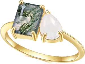 Gem's Beauty Green Moss Agate Rings 14K Gold/14K Rose Gold Three Stone Engagement Ring in 925 Sterling Silver Women's Gold Ring Gifts for Her