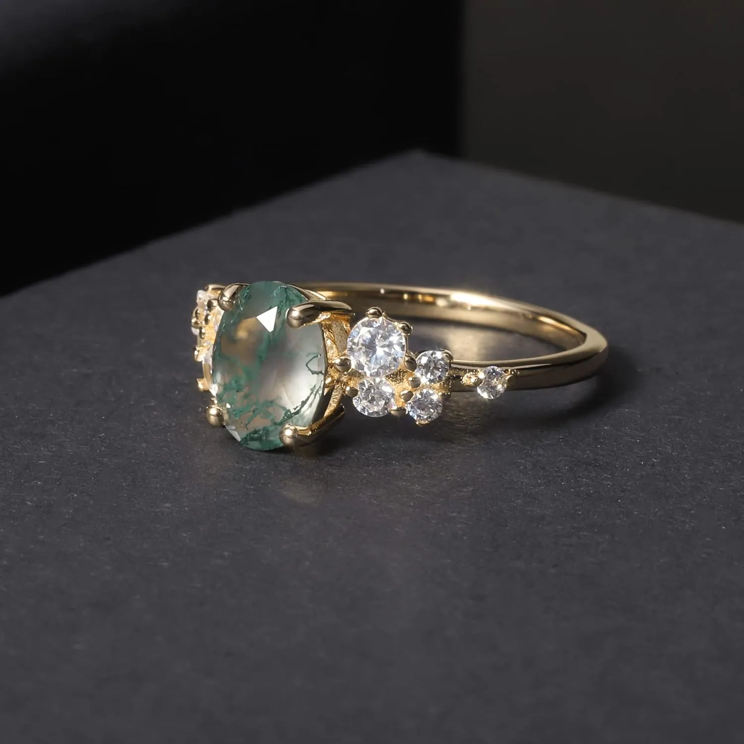 Gem's Beauty Green Moss Agate Rings 14K Gold/14K Rose Gold Three Stone Engagement Ring in 925 Sterling Silver Women's Gold Ring Gifts for Her