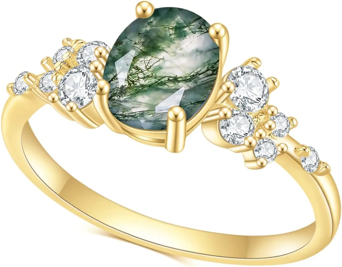 Gem's Beauty Green Moss Agate Rings 14K Gold/14K Rose Gold Three Stone Engagement Ring in 925 Sterling Silver Women's Gold Ring Gifts for Her