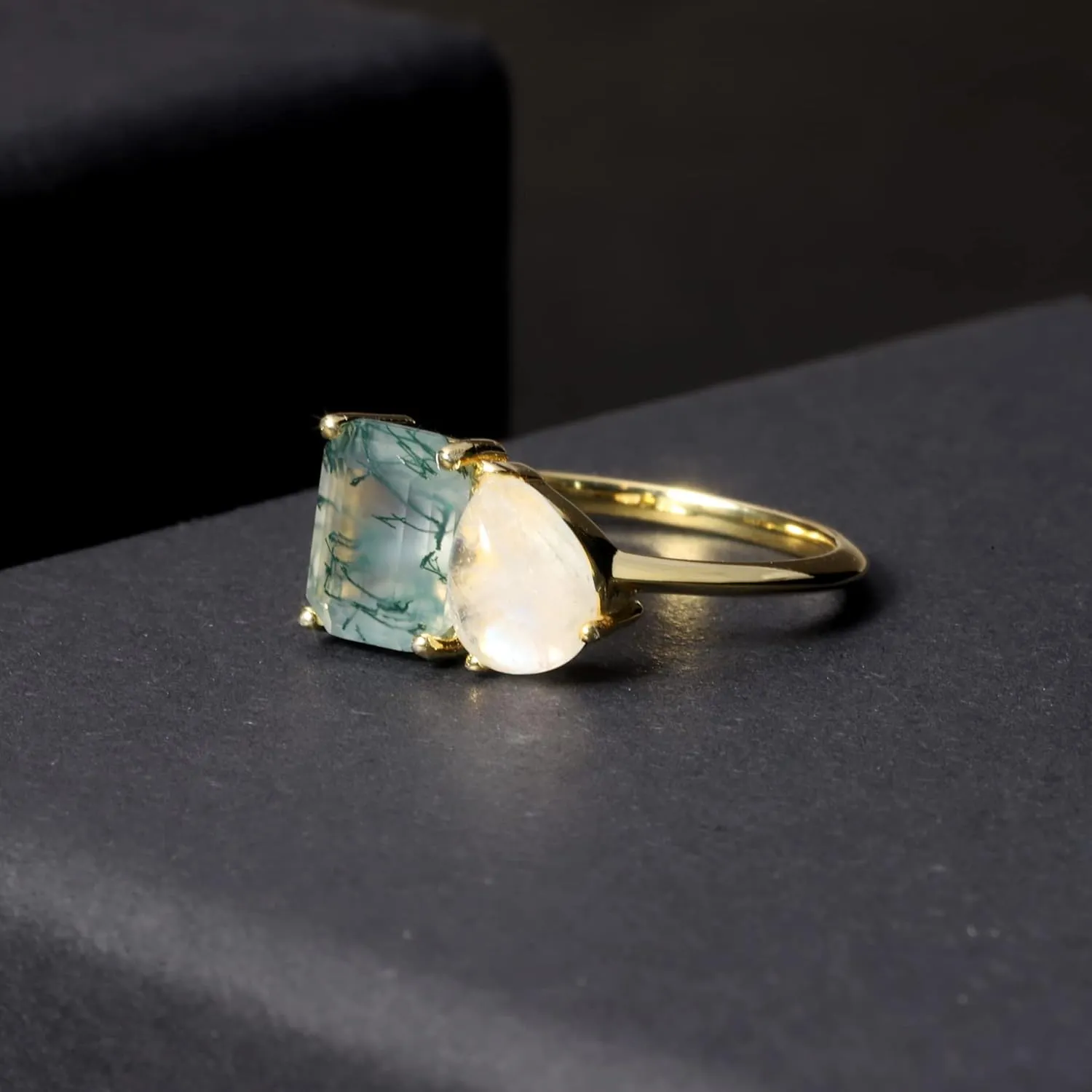 Gem's Beauty Green Moss Agate Rings 14K Gold/14K Rose Gold Three Stone Engagement Ring in 925 Sterling Silver Women's Gold Ring Gifts for Her