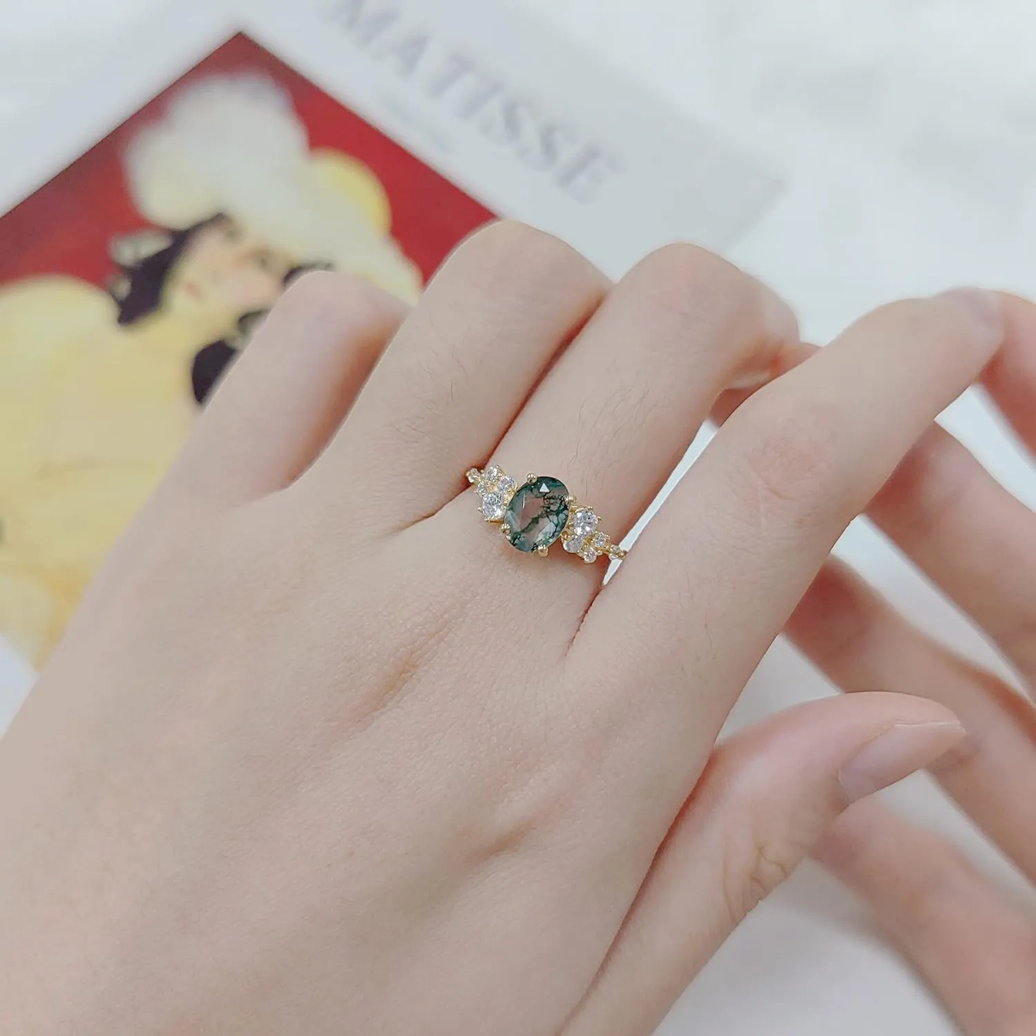 Gem's Beauty Green Moss Agate Rings 14K Gold/14K Rose Gold Three Stone Engagement Ring in 925 Sterling Silver Women's Gold Ring Gifts for Her