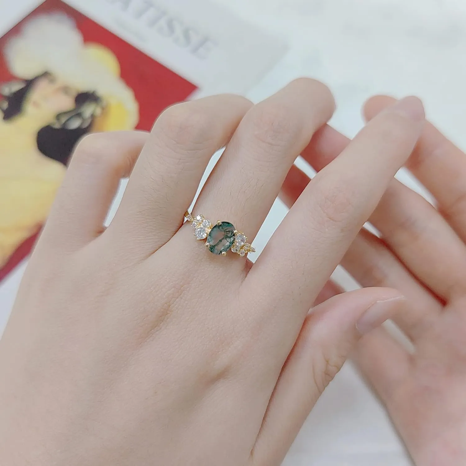 Gem's Beauty Green Moss Agate Rings 14K Gold/14K Rose Gold Three Stone Engagement Ring in 925 Sterling Silver Women's Gold Ring Gifts for Her