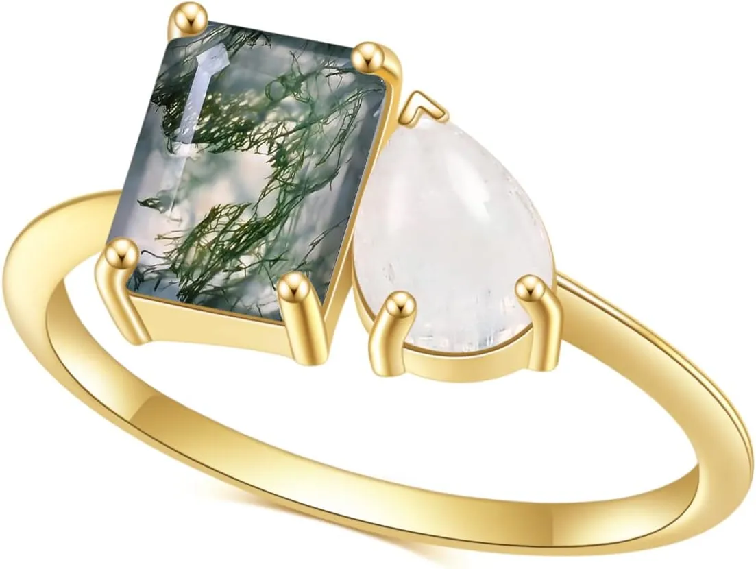 Gem's Beauty Green Moss Agate Rings 14K Gold/14K Rose Gold Three Stone Engagement Ring in 925 Sterling Silver Women's Gold Ring Gifts for Her